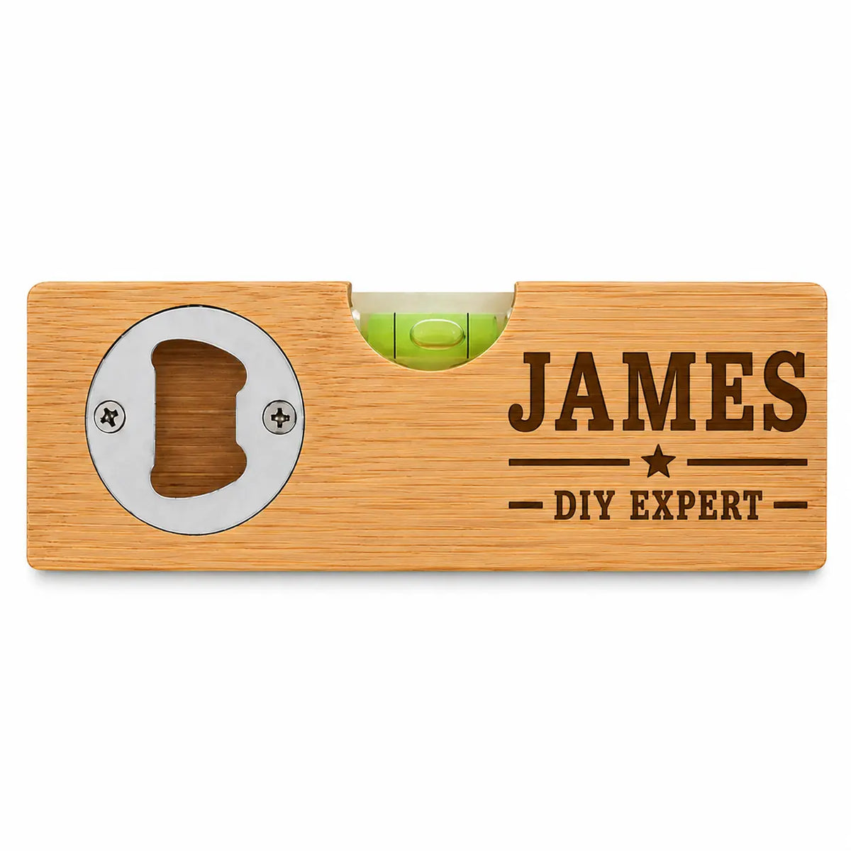 Personalised DIY expert bamboo spirit level and bottle opener gift