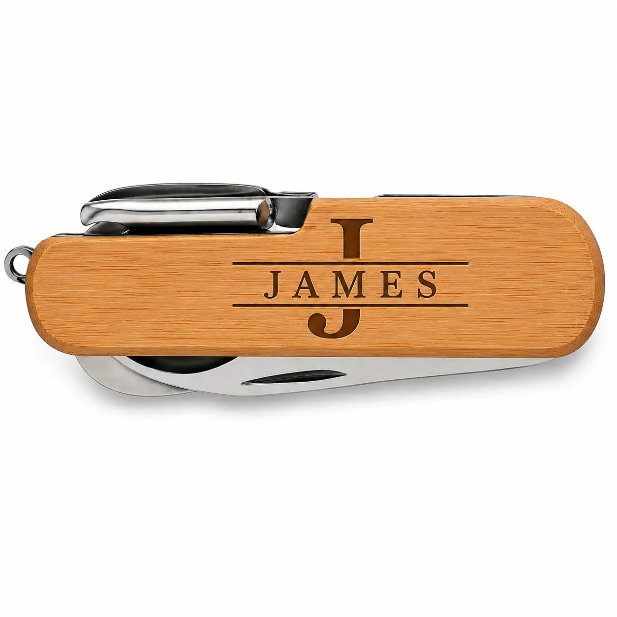 Personalised bamboo multi-tool engraved with monogram initial and name