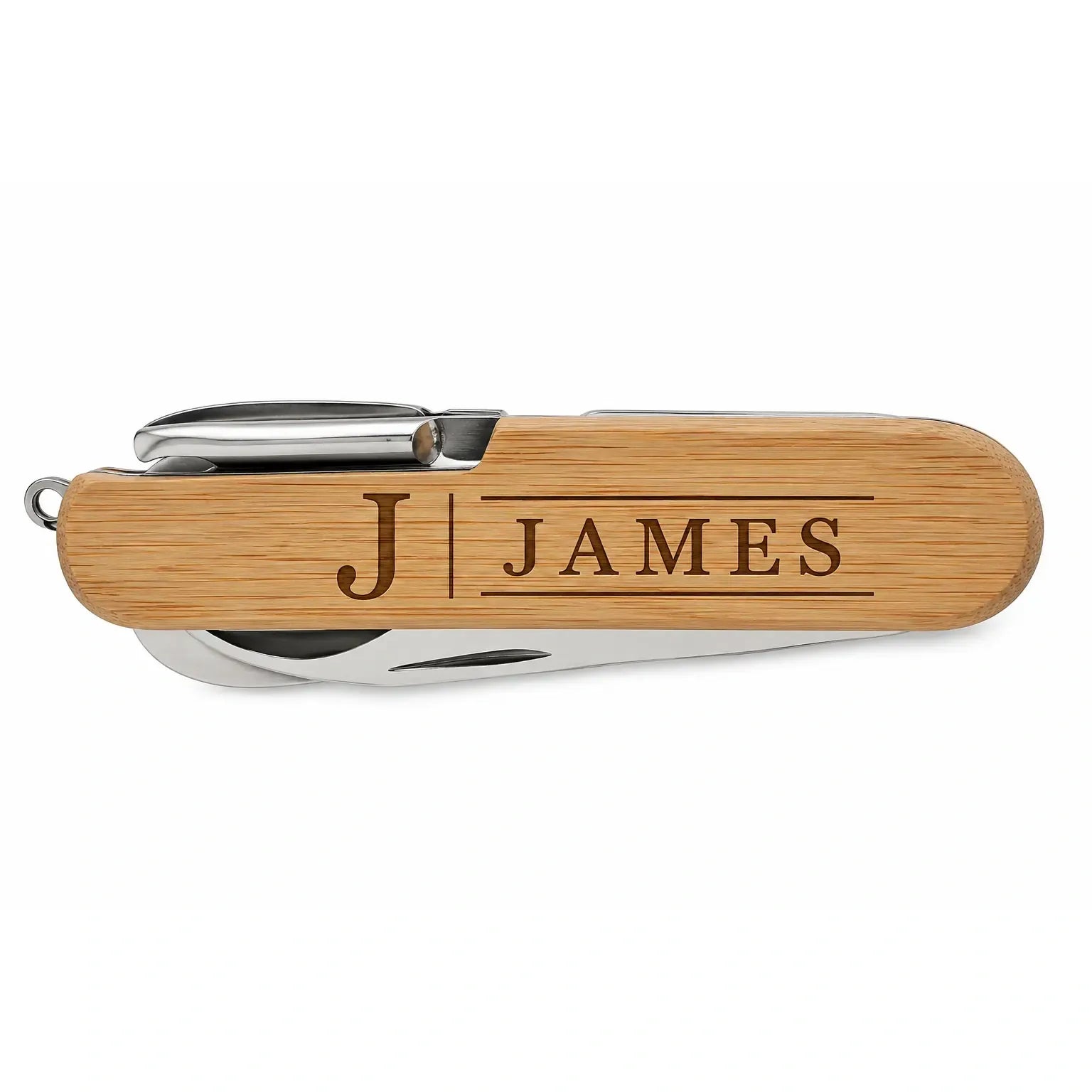 Personalised bamboo multi-tool engraved with initial and name