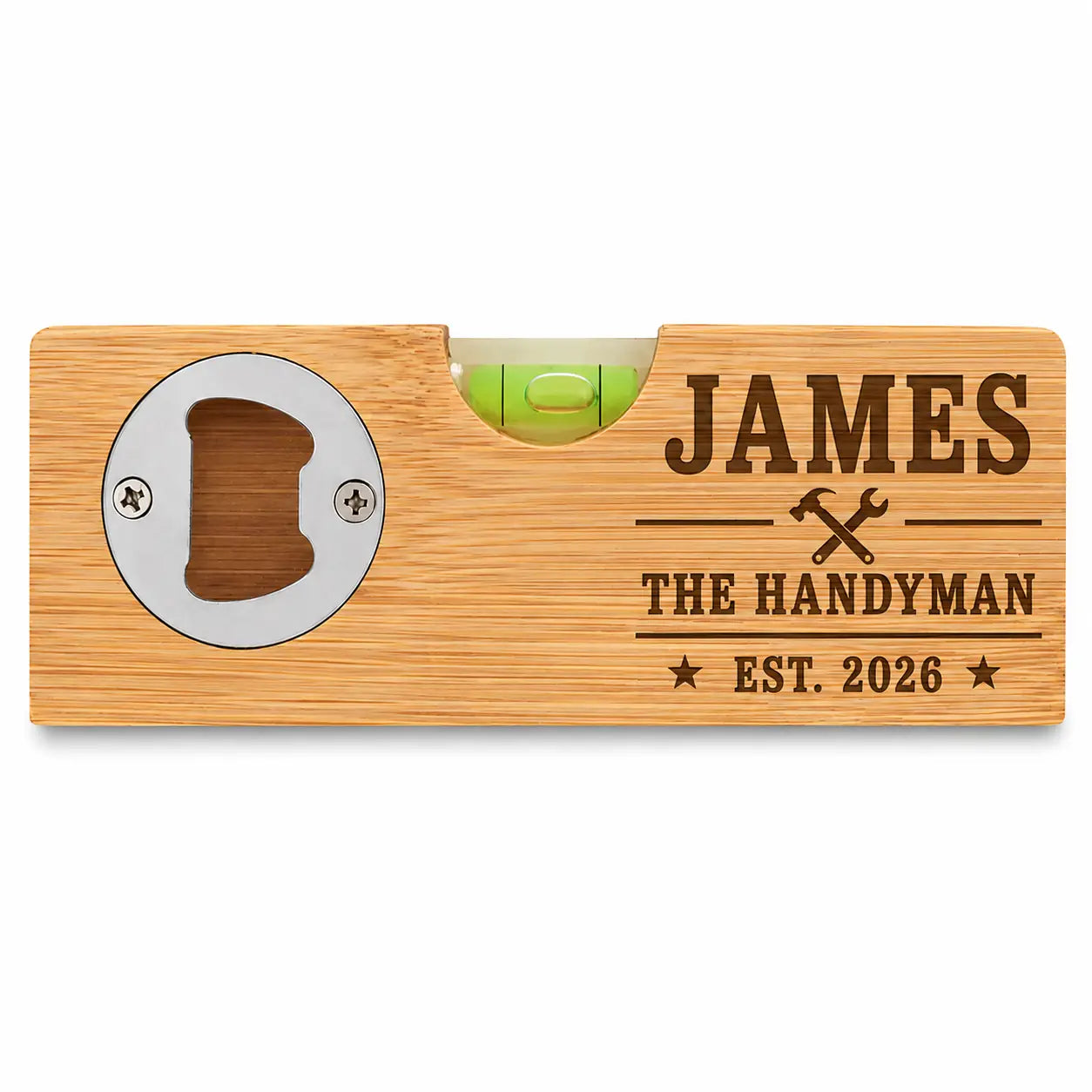 Personalised handyman bamboo spirit level and bottle opener with custom year