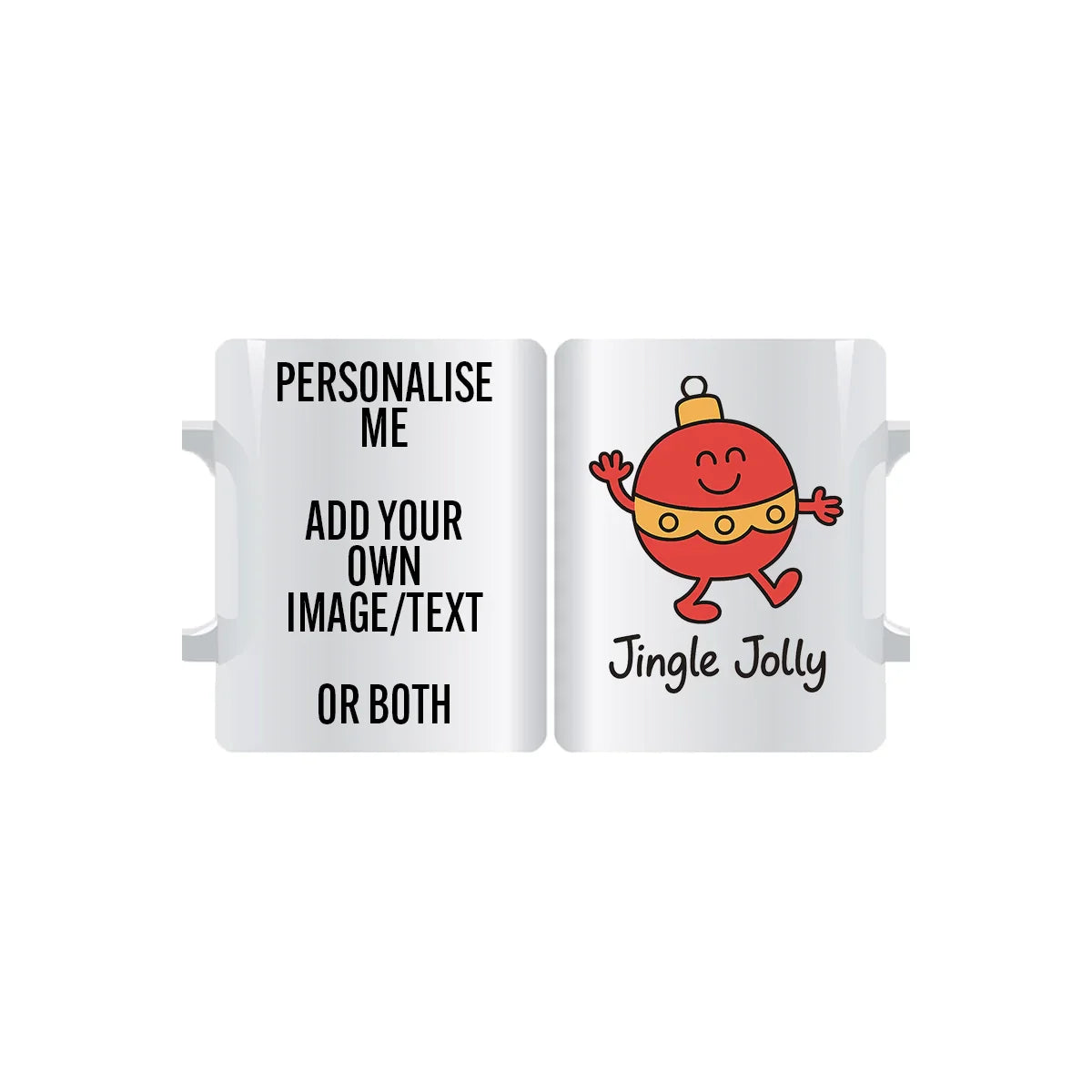 "Jingle Jolly personalised mug – festive Christmas bauble character custom coffee cup gift"