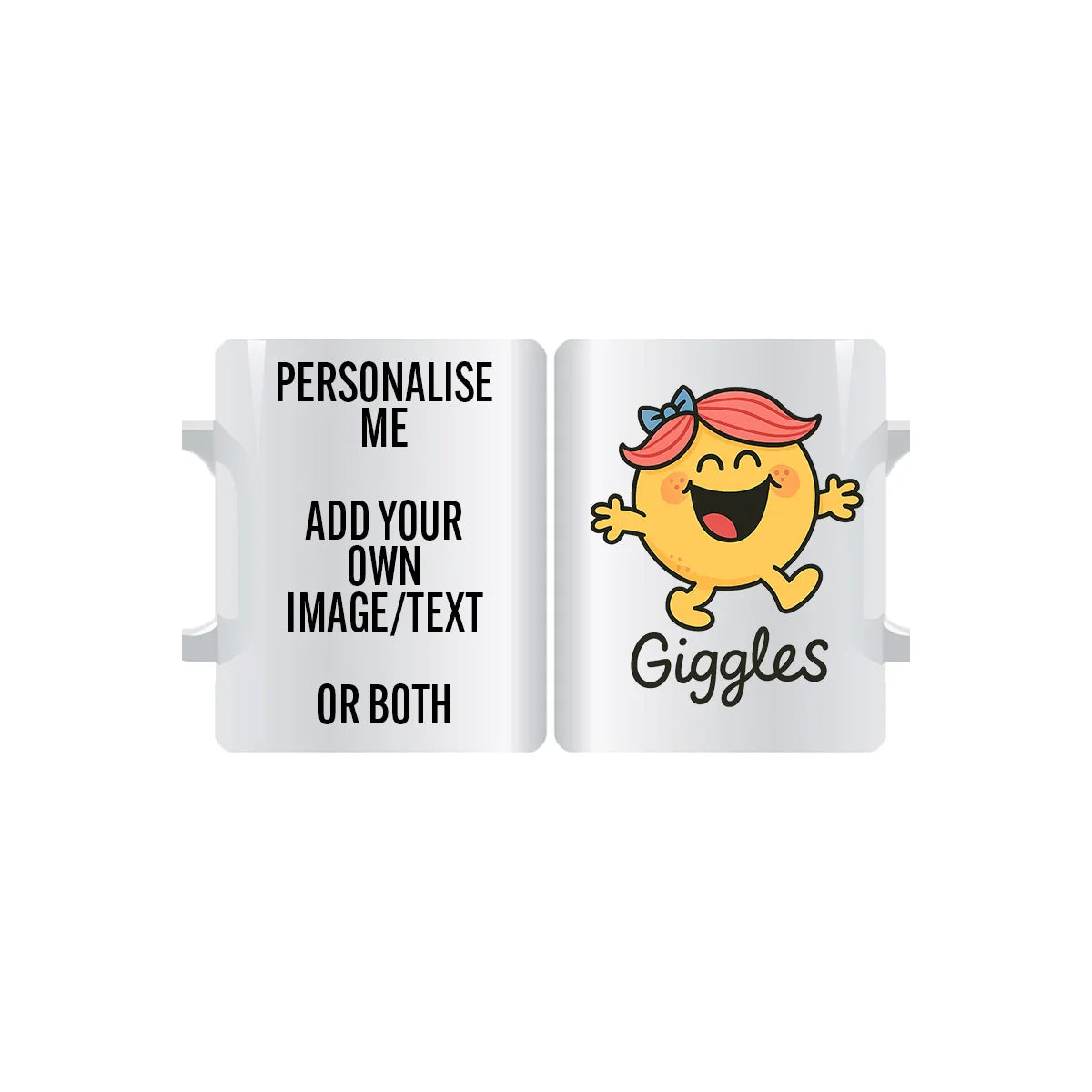 Joyful Miss Giggles personalised mug featuring a yellow character with red hair, freckles, and open arms – custom coffee cup gift