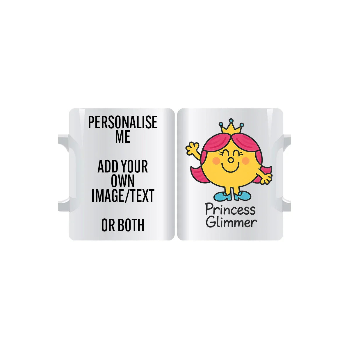 Joyful Princess Glimmer personalised mug with crown and cheerful character – custom coffee cup with name, text, or image option