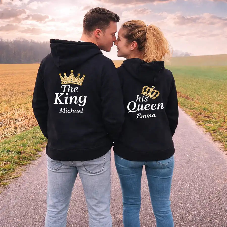 King and Queen embroidered couple hoodie with custom names, romantic Valentine’s Day gift