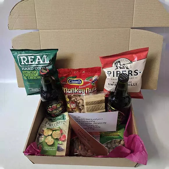 Kopparberg premium cider hamper gift box with snacks crisps nuts and personalised message card perfect gift for cider lovers birthdays and celebrations