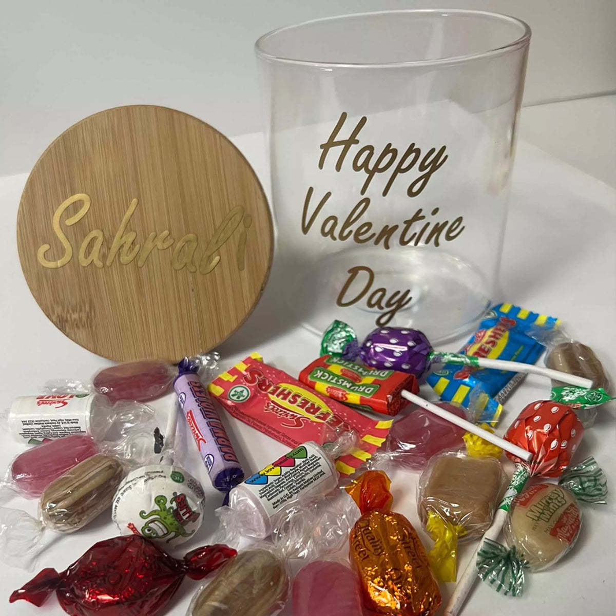 Large personalised glass sweet jar with name and message