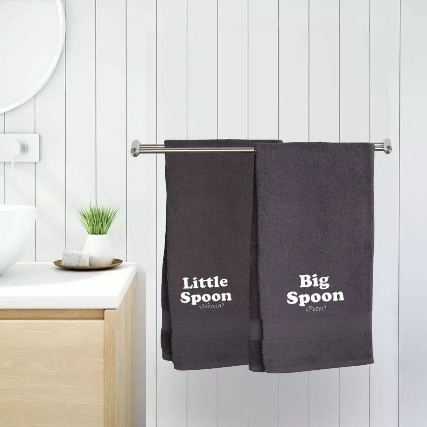 embroidered big spoon and little spoon text with personalised names on towels
