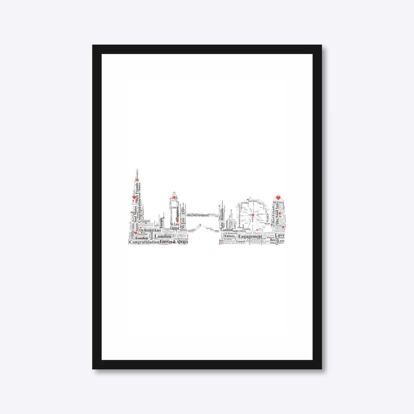 Personalised London Skyline Engagement Word Art – Names & Date – A3 – black frame