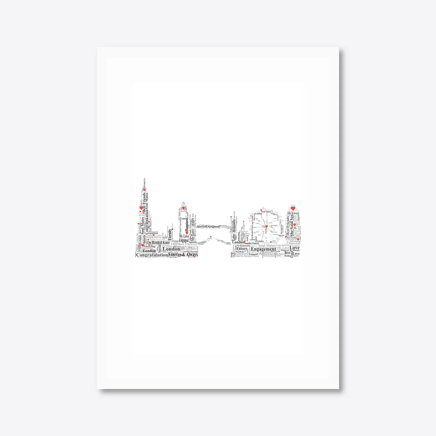 Personalised London Skyline Engagement Word Art – Names & Date – A3 – white frame