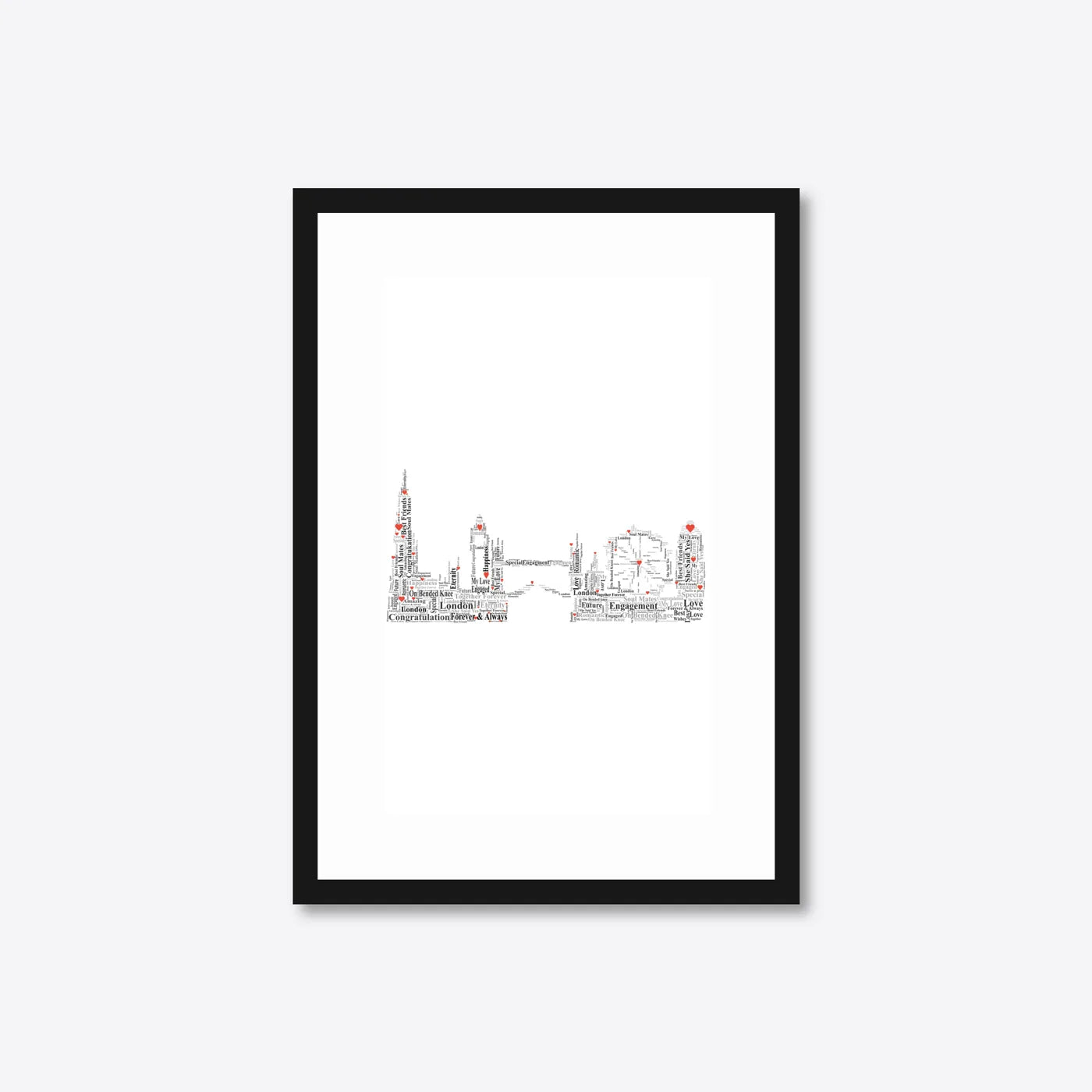 Personalised London Skyline Engagement Word Art – Names & Date – A4 – black frame
