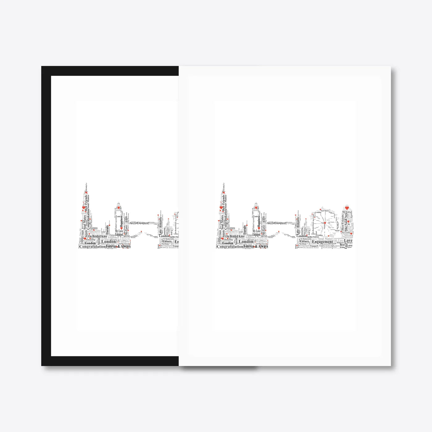 Personalised London Skyline Engagement Word Art – Names & Date – black & white frames side-by-side