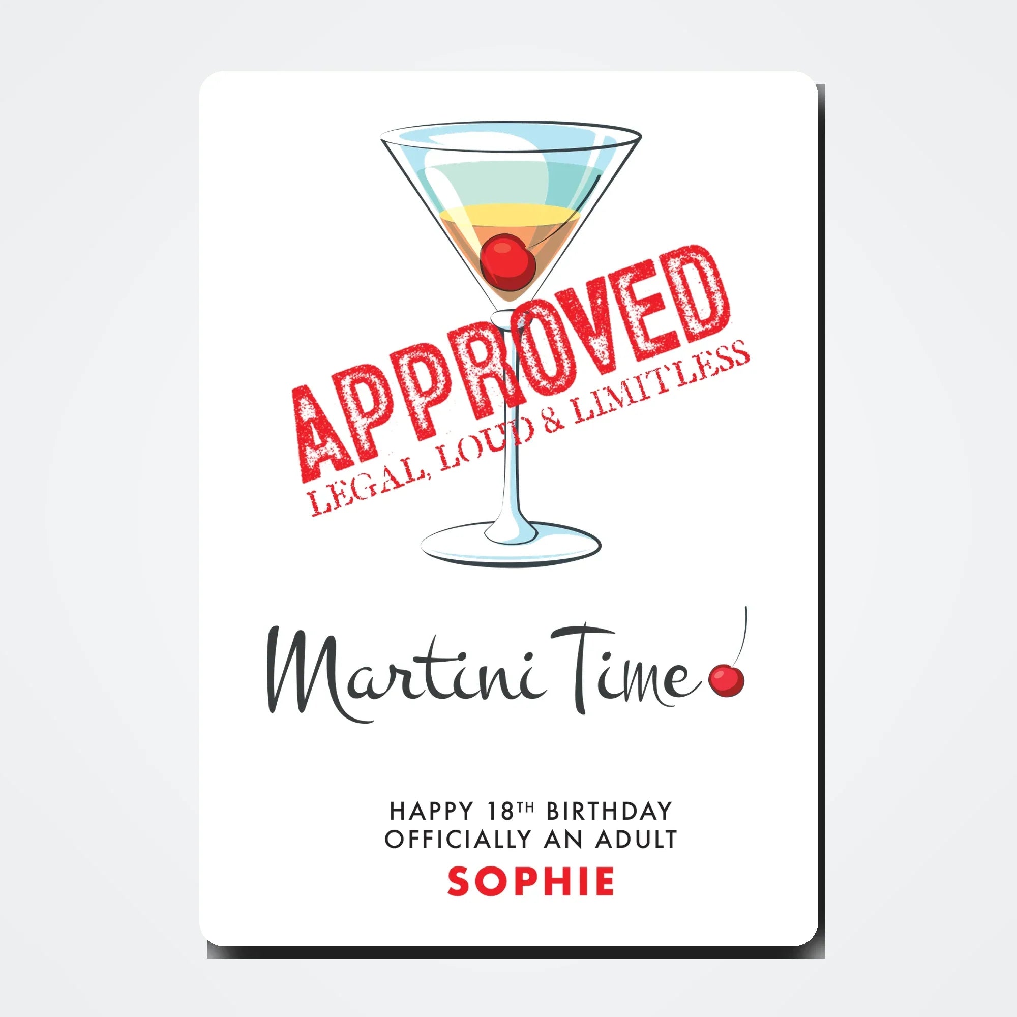 Personalised martini birthday card mockup with light shadow grey tone