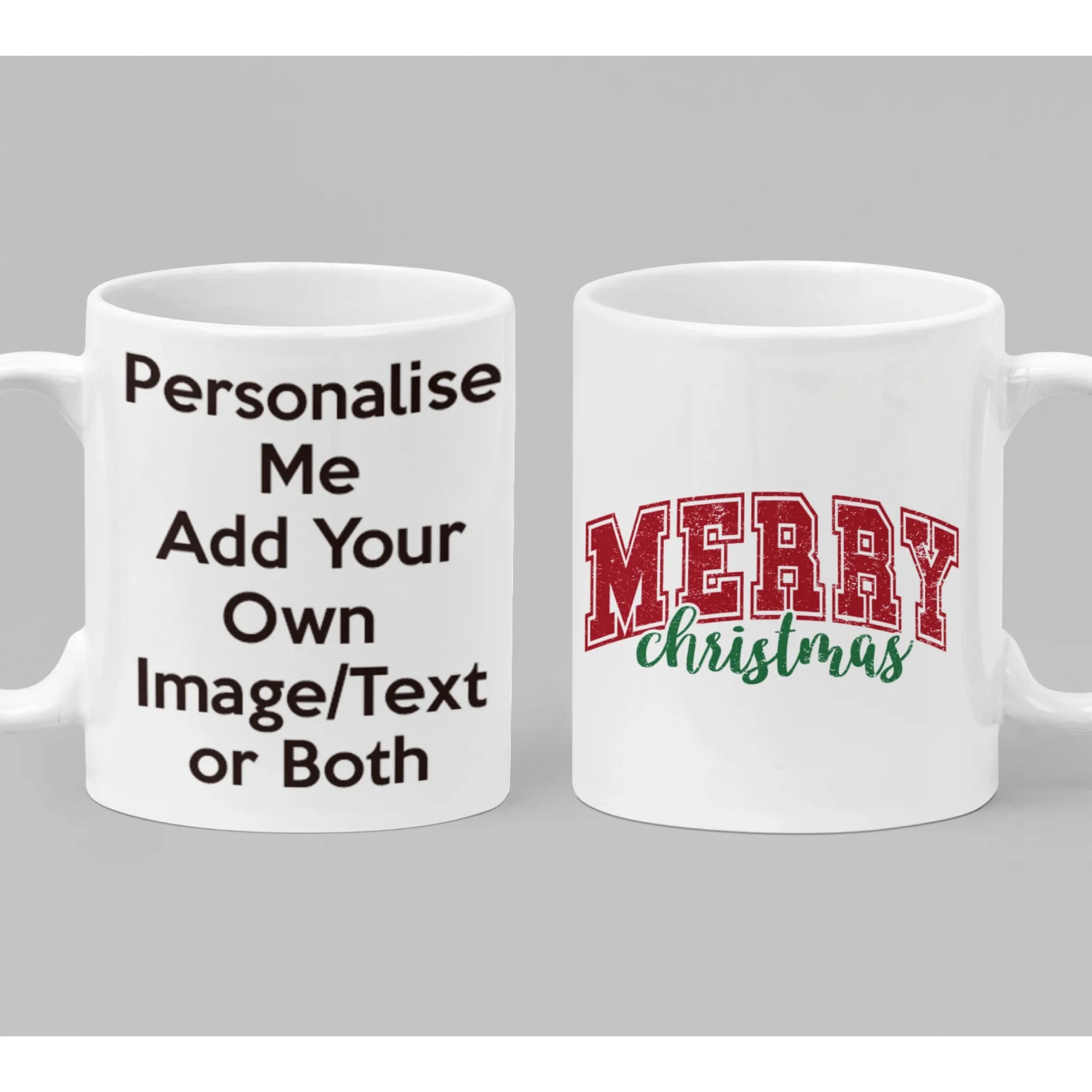 Festive personalised Merry Christmas mug with bold varsity lettering and script design