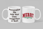 Two white mugs with text on a gray background