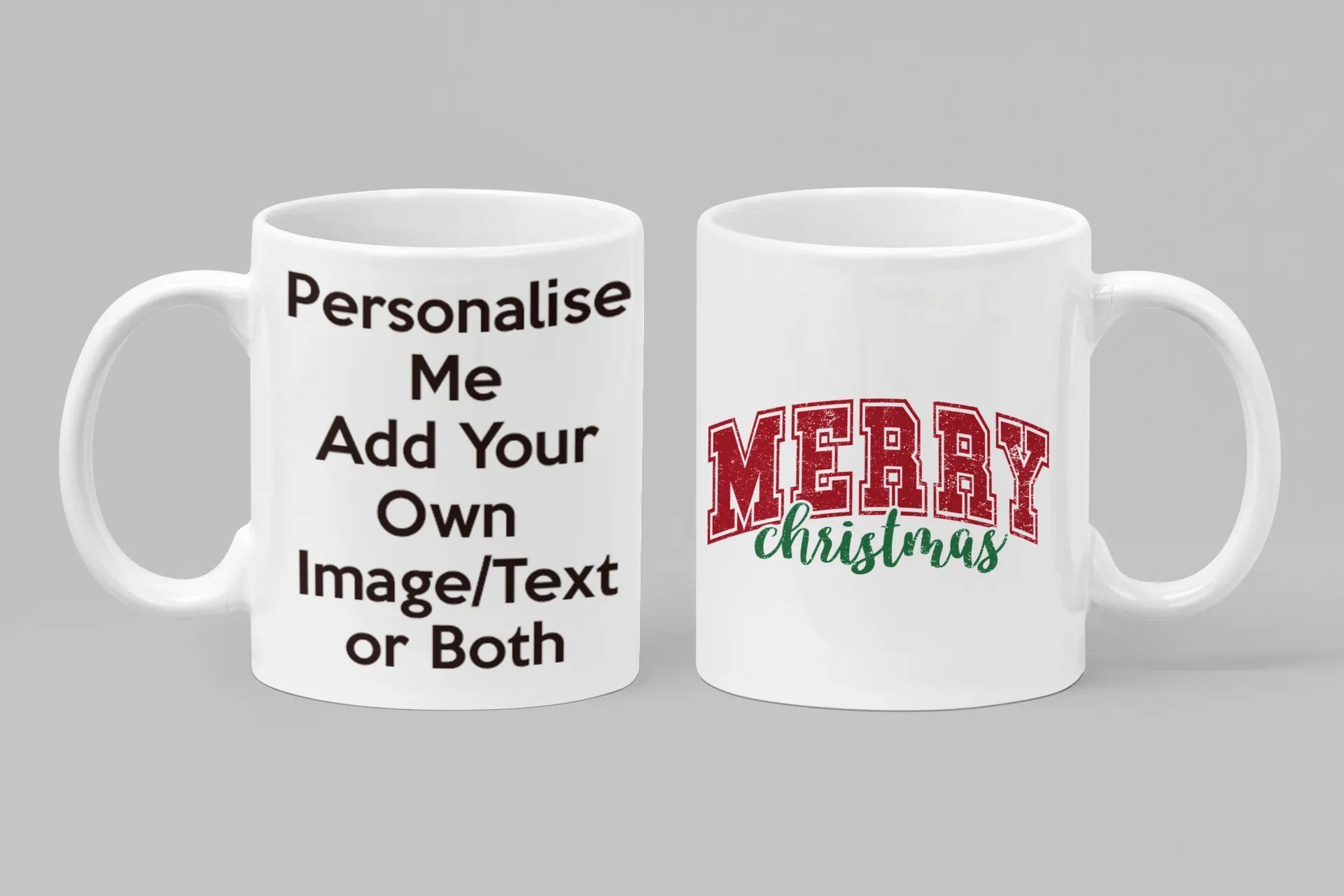 Two white mugs with text on a gray background