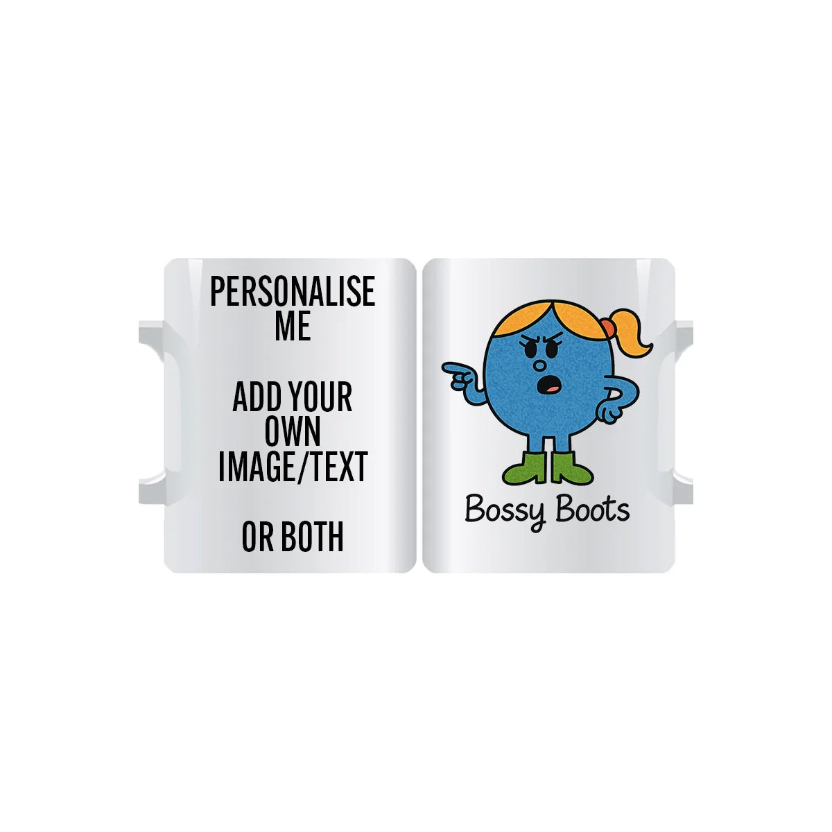 Miss Bossy Boots personalised mug featuring bold blue character with green boots and red ponytail, fun custom ceramic gift with name or text