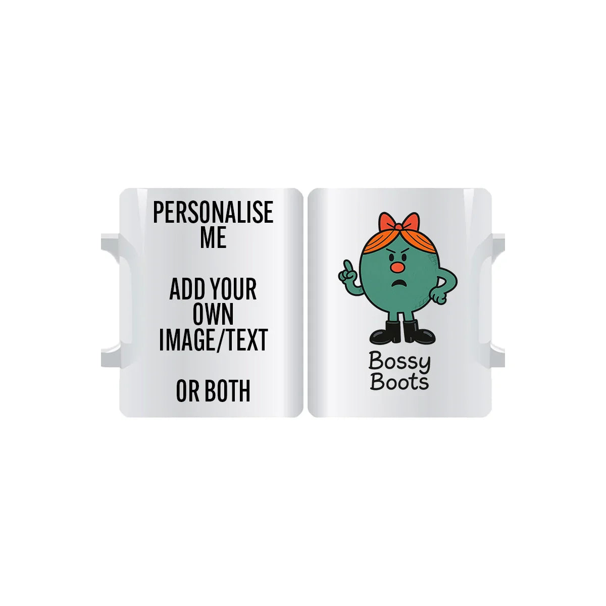 Miss Bossy Boots personalised mug featuring green strong-willed character, customisable with name or text, fun ceramic gift for bold personalities