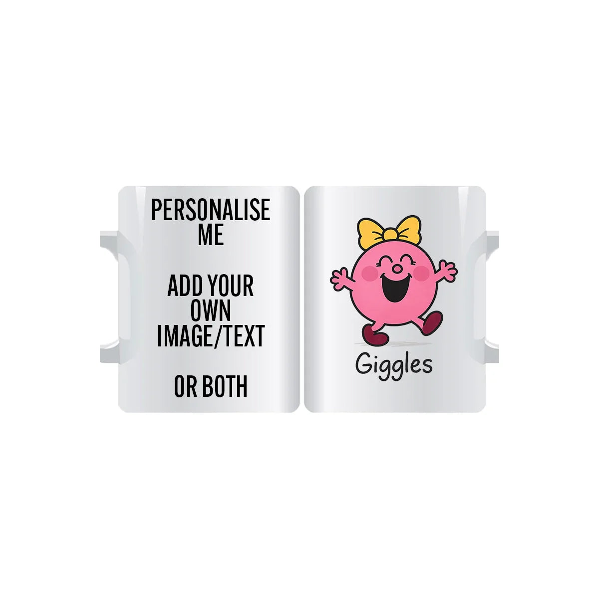 Miss Giggles personalised mug featuring a pink character with a yellow bow, laughing joyfully – custom coffee cup with name or message