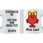 Miss Lead red personalised mug with yellow bow – bold and playful custom coffee cup