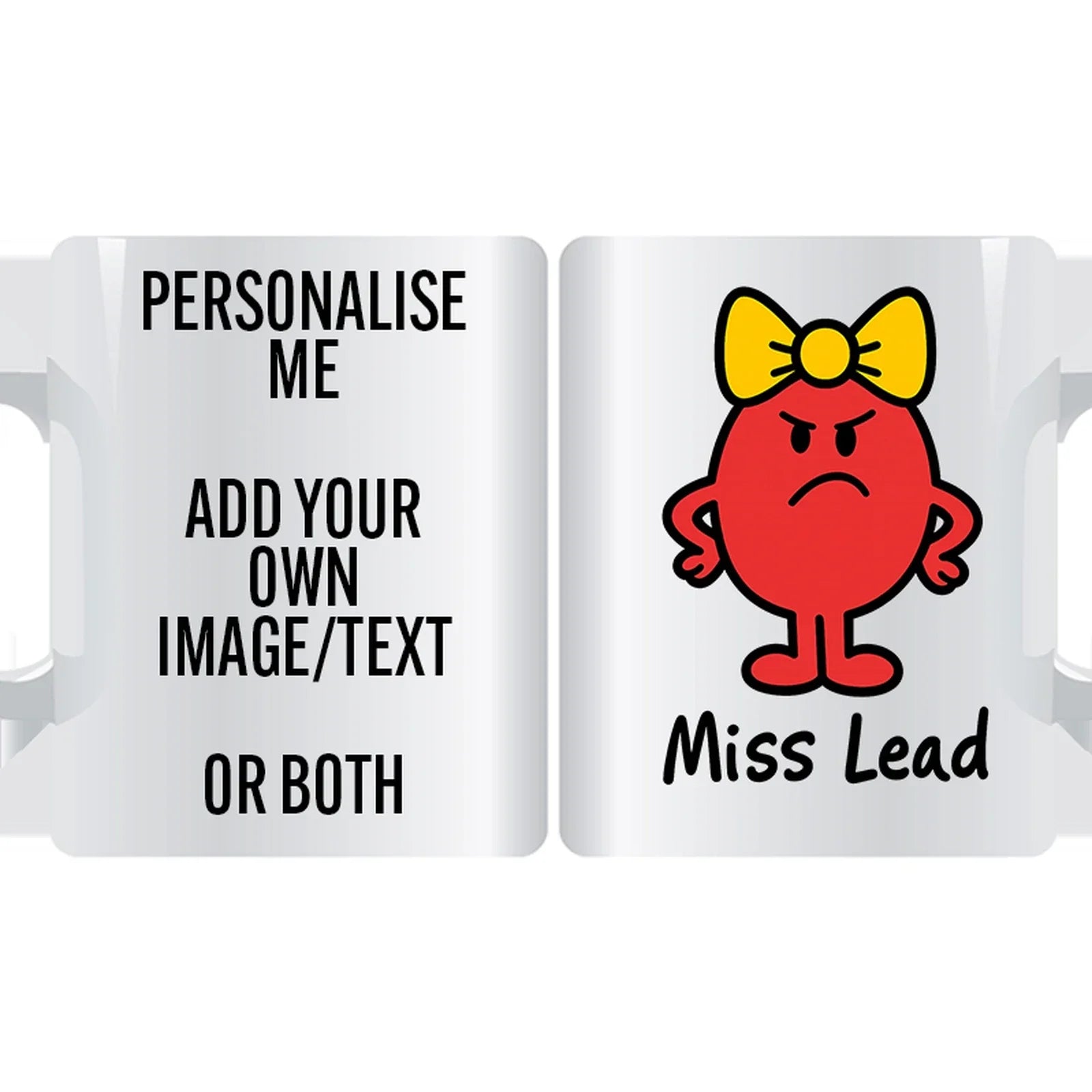 Miss Lead red personalised mug with yellow bow – bold and playful custom coffee cup