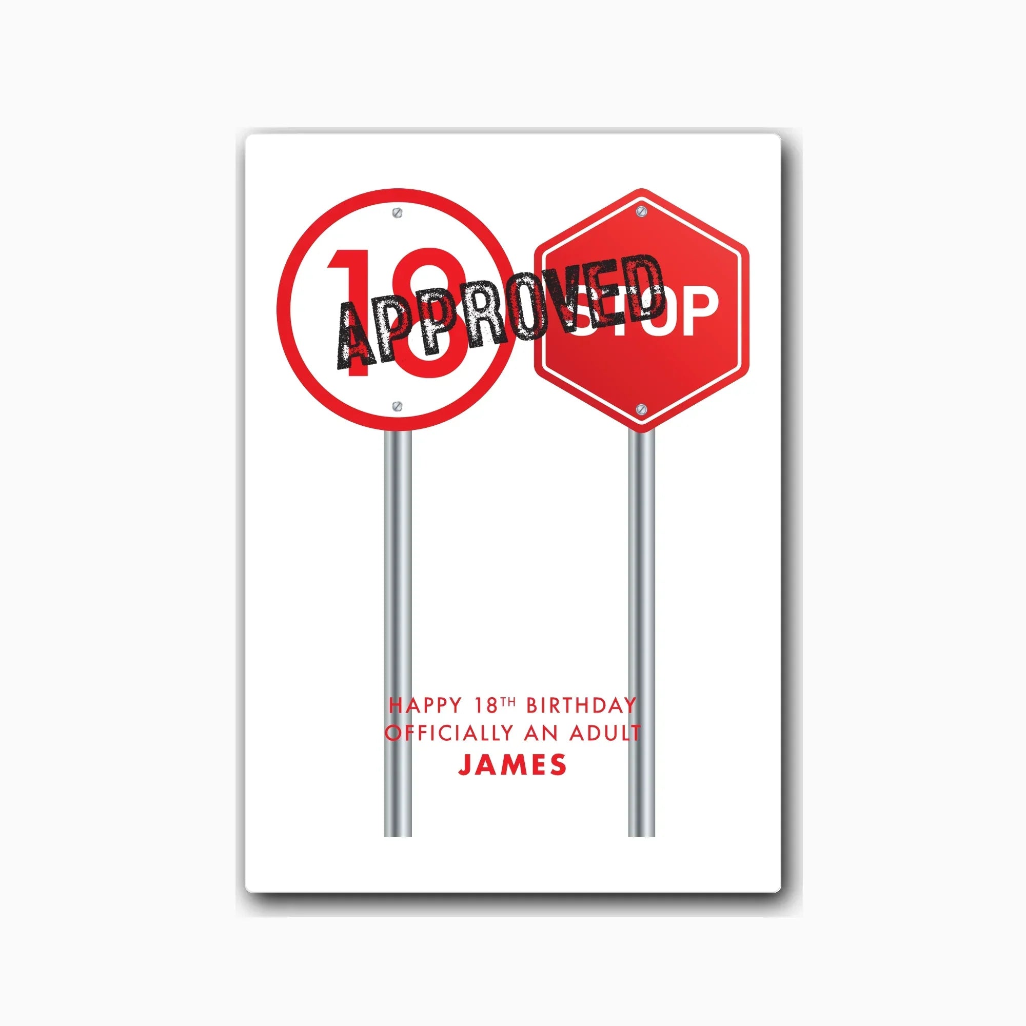 Personalised 18th birthday card – Approved Adult sign, clean A4 mockup