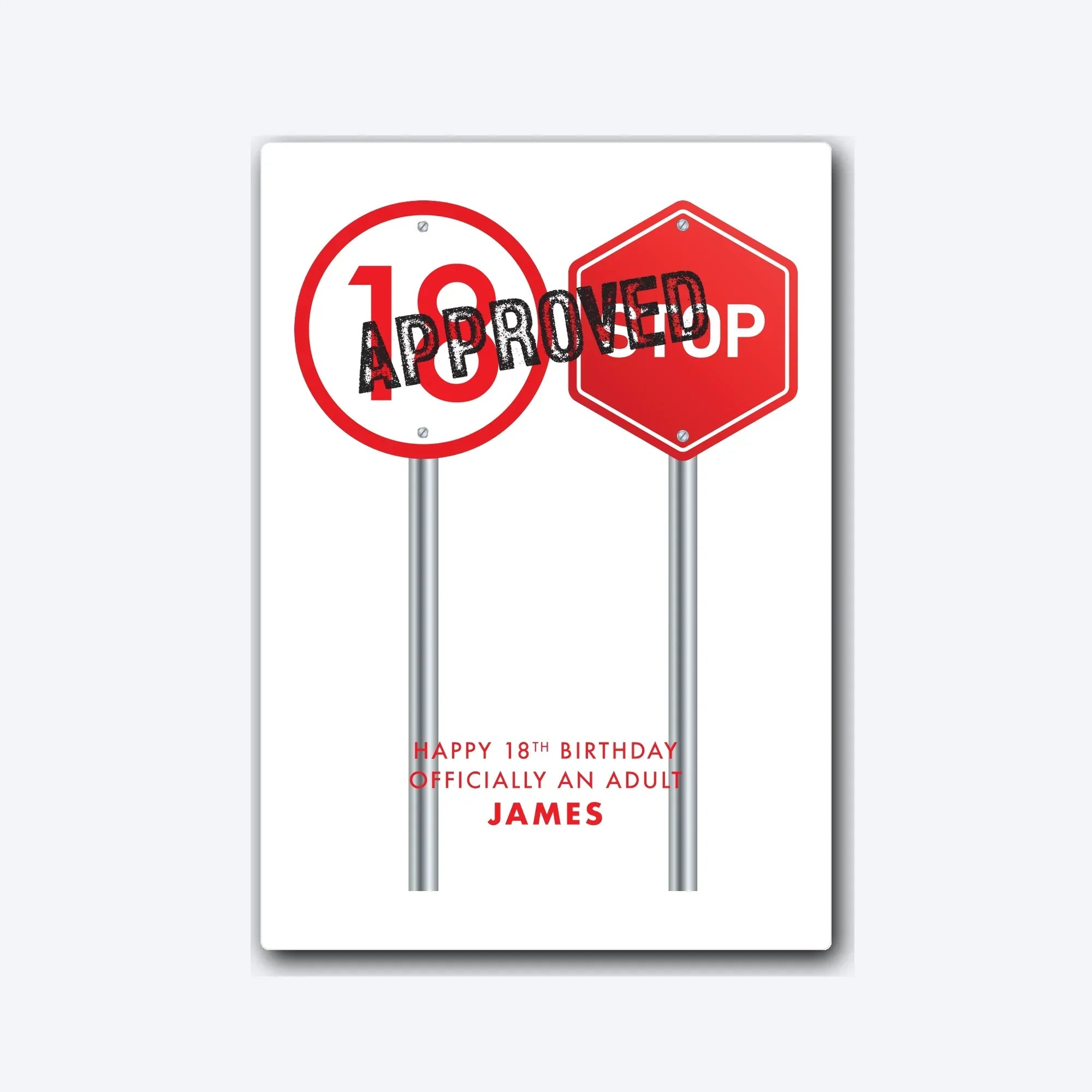 Personalised 18th birthday card – Approved Adult sign with light shadow grey