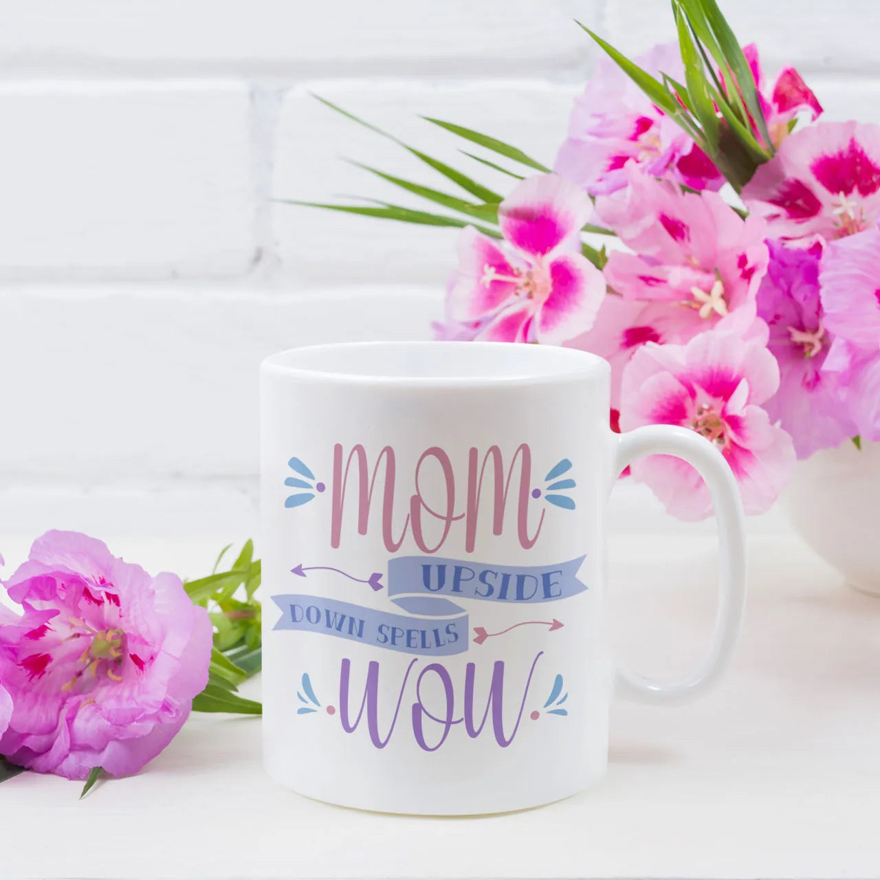 Personalised coffee tea mug printed with "Mom Upside Down Is WOW" design, high-quality white ceramic 11oz gift cup, custom printed Mother's Day present, durable glossy finish kitchenware.