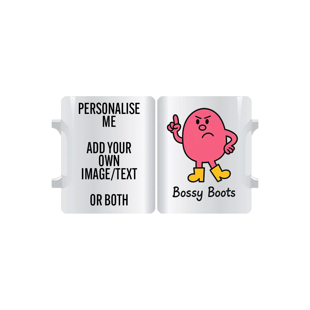 Mr Bossy Boots personalised mug featuring pink character with yellow boots, strong personality design, customisable ceramic gift with name or text