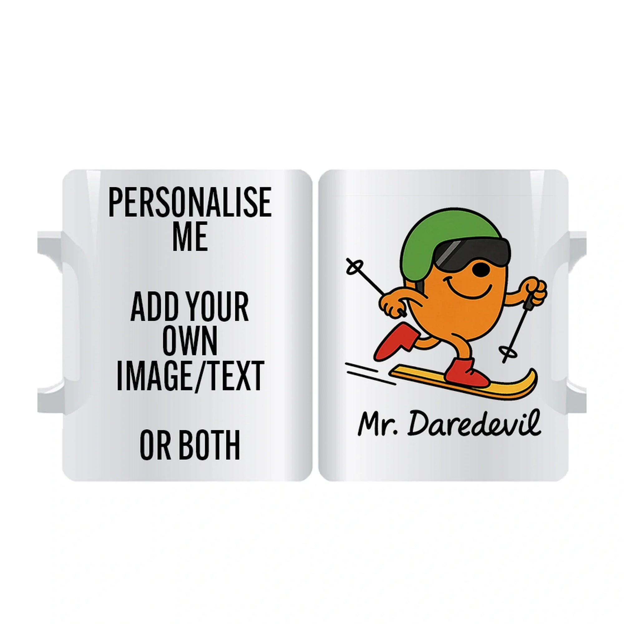 Mr. Daredevil personalised mug – funny custom coffee cup for skateboarders, skiers, and adventure lovers with name or slogan option