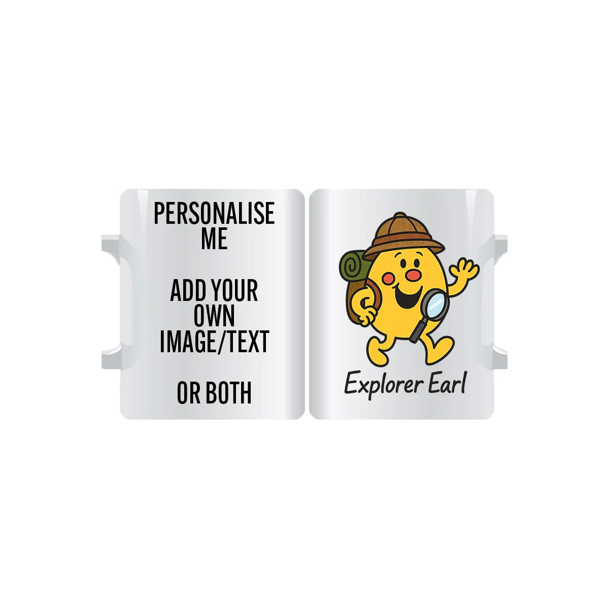 Mr Explorer Earl personalised mug with magnifying glass and adventure gear – fun custom coffee cup from the adventure characters collection