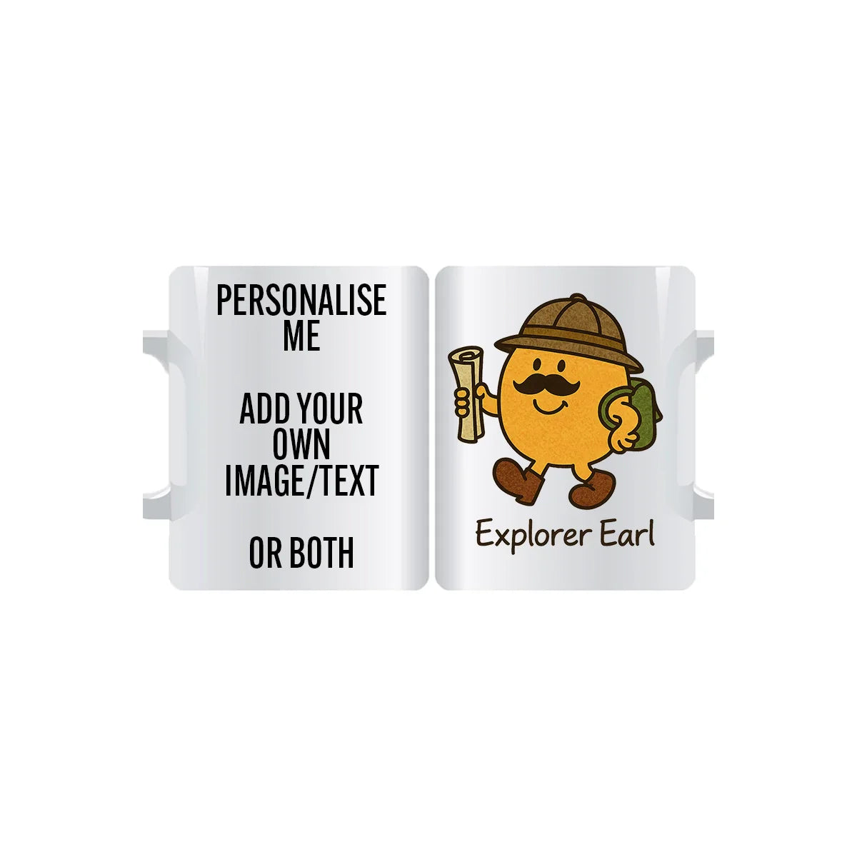 Mr Explorer Earl personalised mug with map and backpack character design – adventurous custom coffee cup
