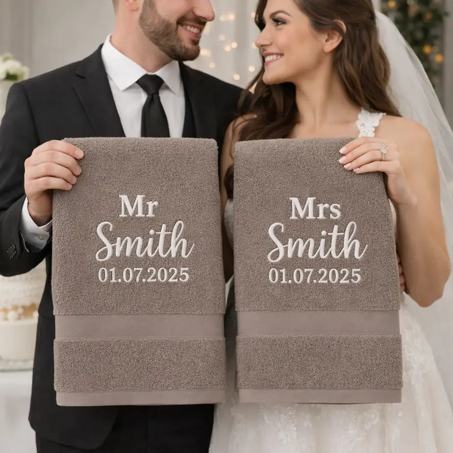 Newlywed couple holding personalised Mr and Mrs towels embroidered with surname and wedding date
