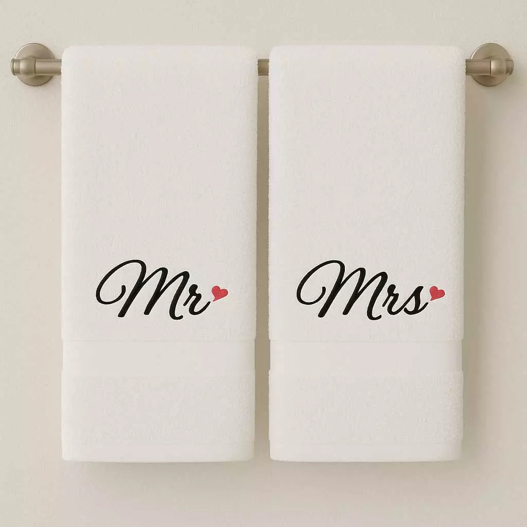 embroidered mr and mrs on personalised couple towel set
