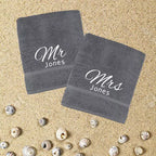 embroidered mr and mrs lettering on personalised couple towel set
