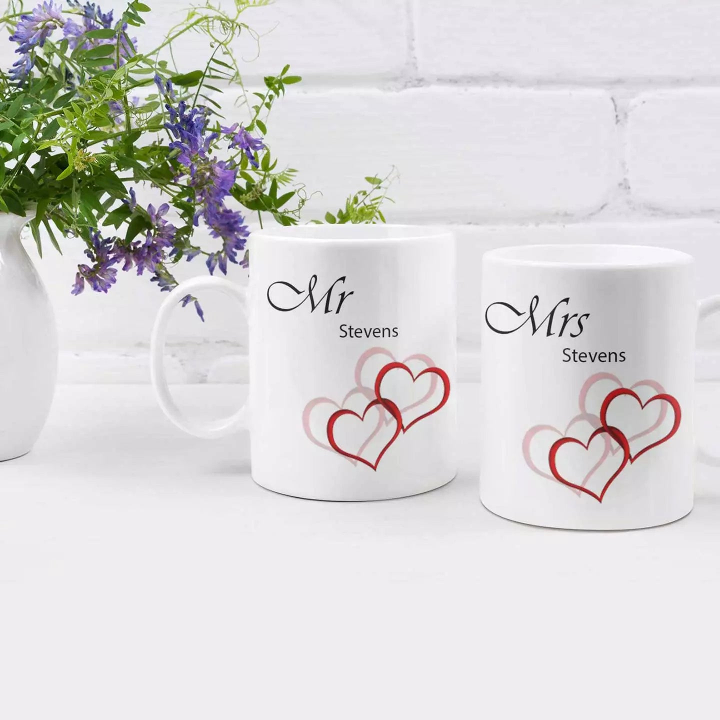 Personalised Mr Right & Mrs Always Right couple mug set with custom names