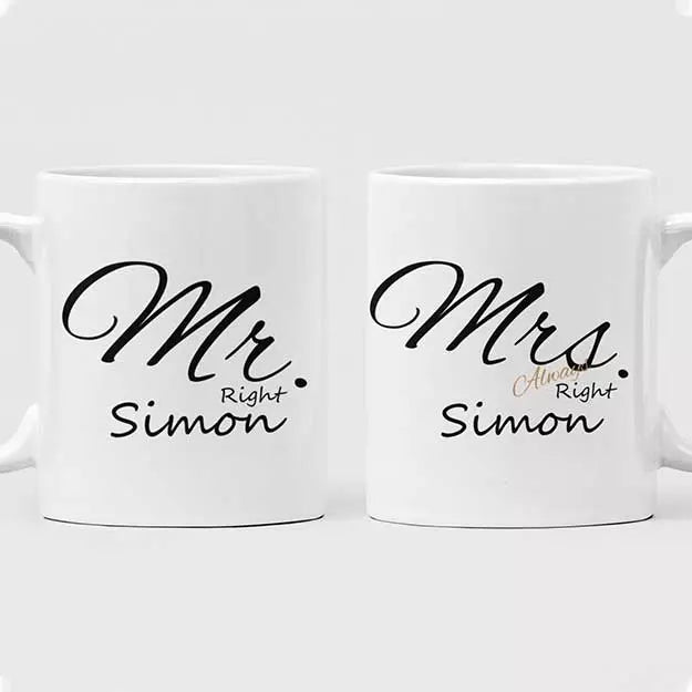 Personalised Mr Right & Mrs Always Right couple mug set with custom names