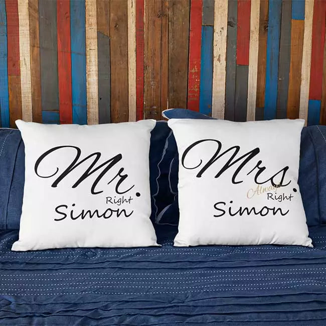 Personalised Mr Right & Mrs Always Right couple cushion cover with custom names