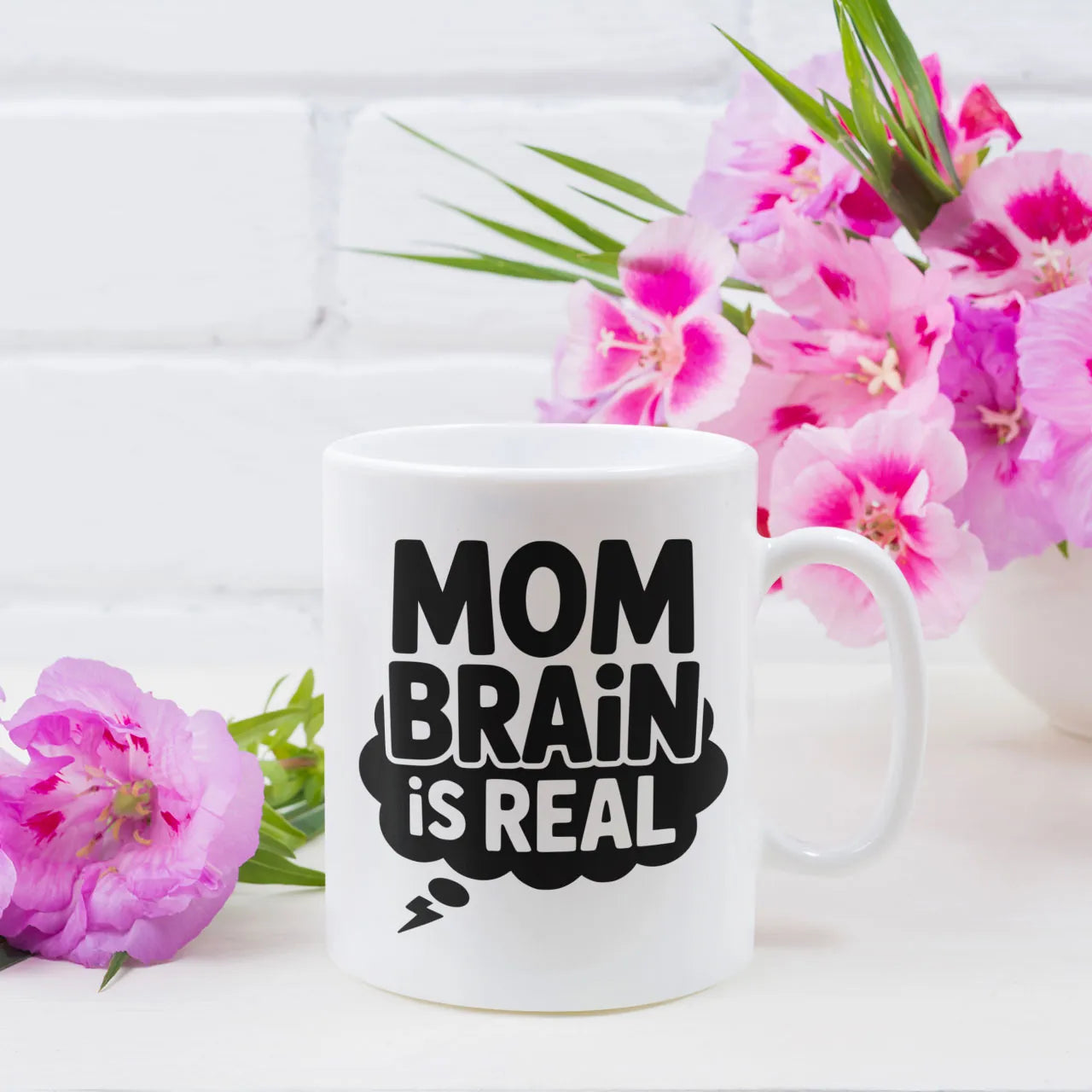 Humorous ceramic coffee mug with "Mum Brain Is Real" text, a relatable and funny Mother's Day gift for busy mums, high-quality white ceramic cup.
