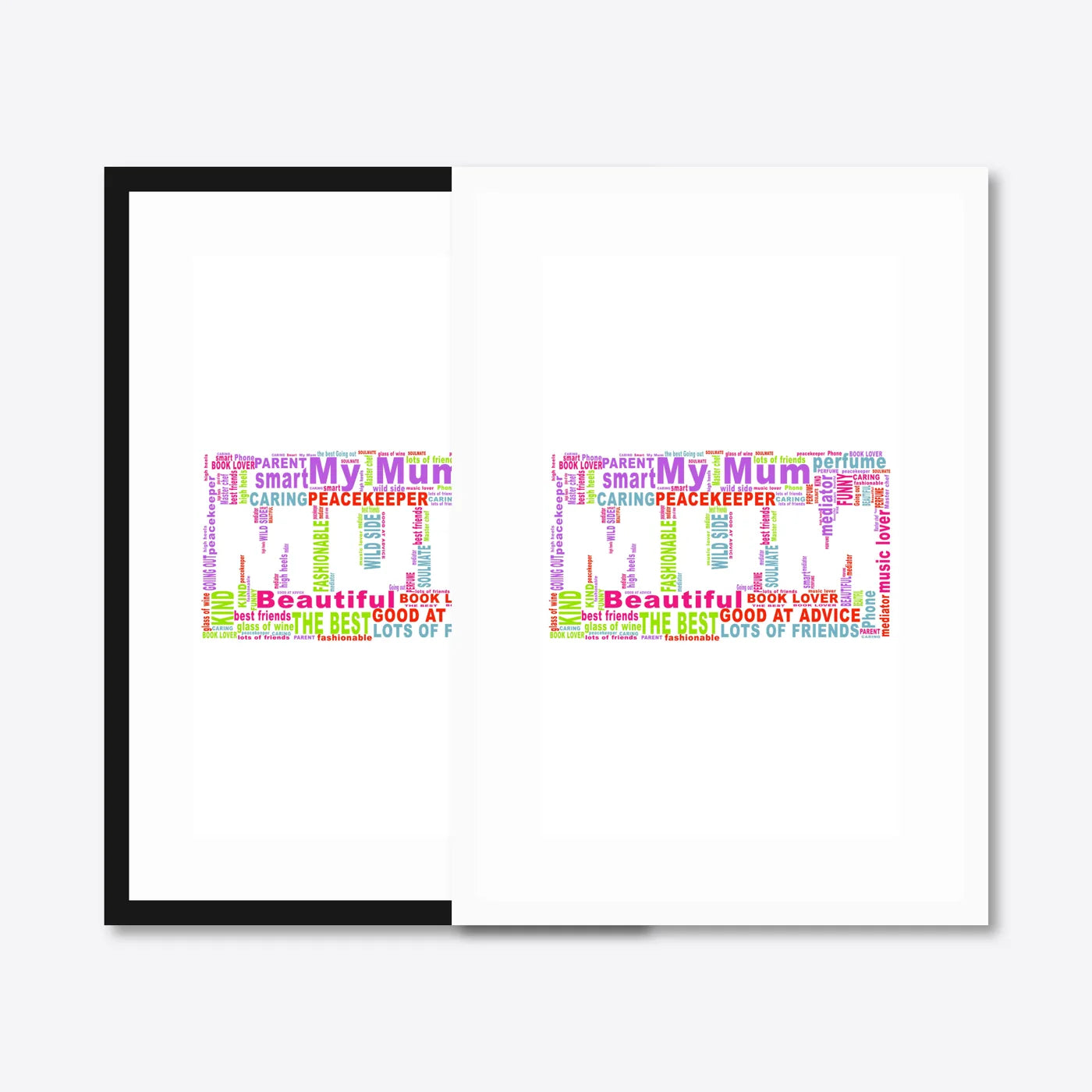 Personalised “My Mum” Word Cloud Print – black & white frames side-by-side