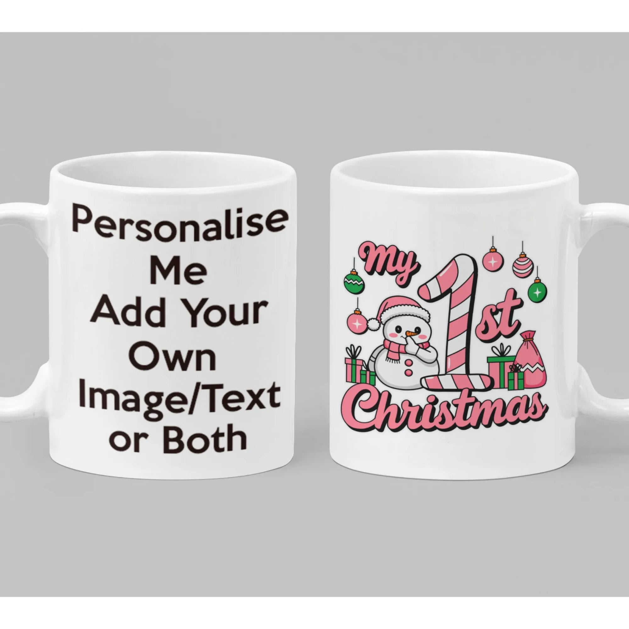 My 1st Christmas pink personalised baby mug featuring snowman, candy-cane number one, ornaments and presents – festive holiday keepsake gift
