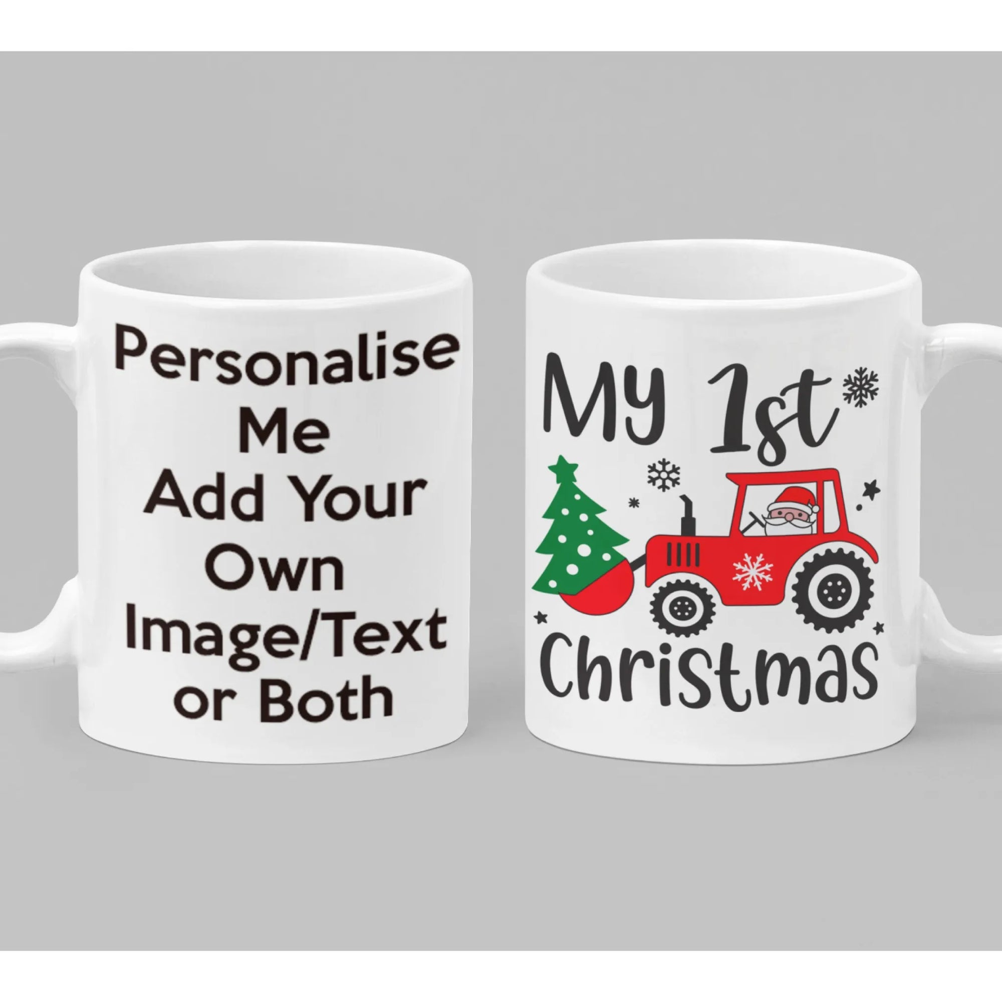 My 1st Christmas personalised baby mug with Santa driving a red tractor, Christmas tree and snowflakes – festive holiday keepsake gift