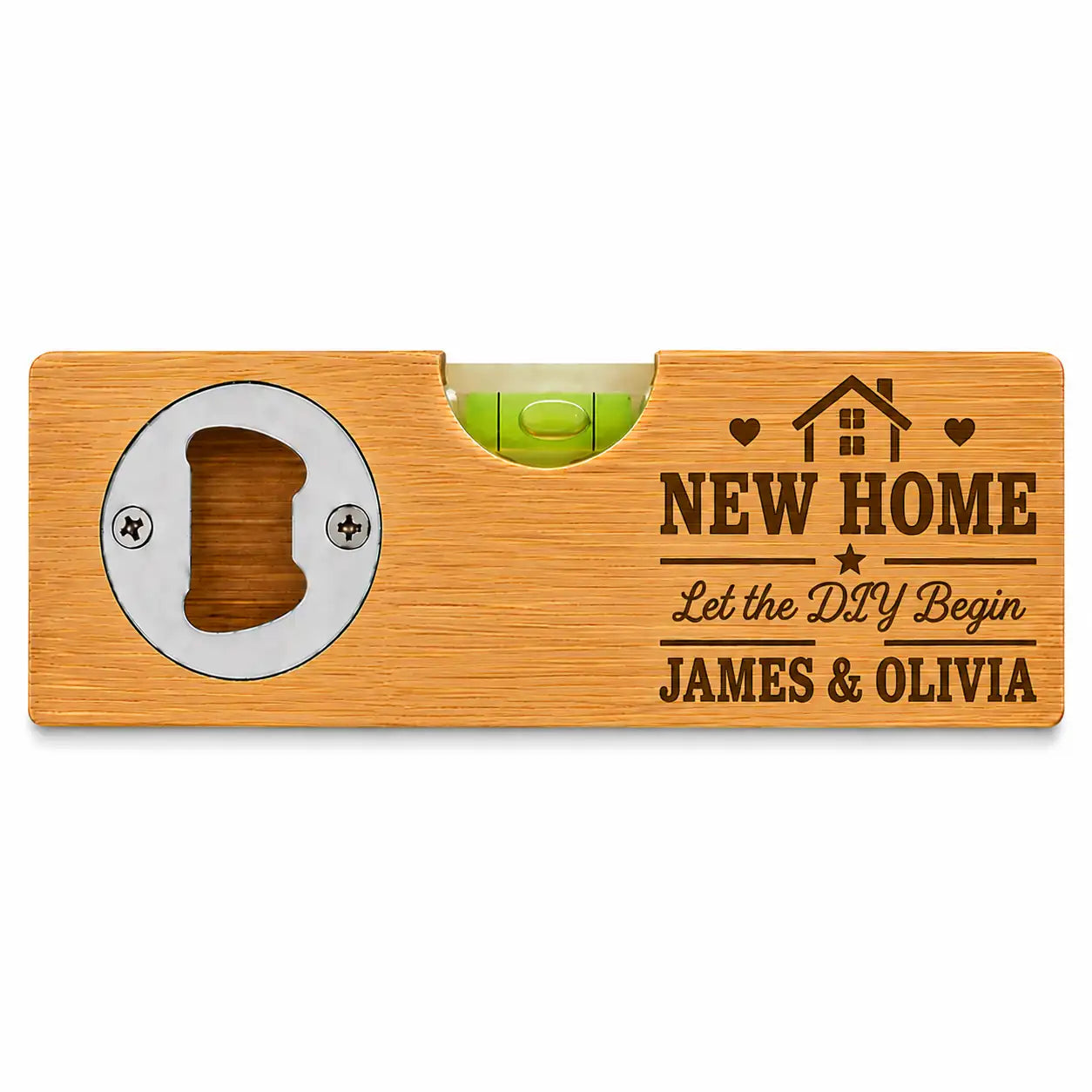 Personalised new home bamboo spirit level and bottle opener with custom couple names