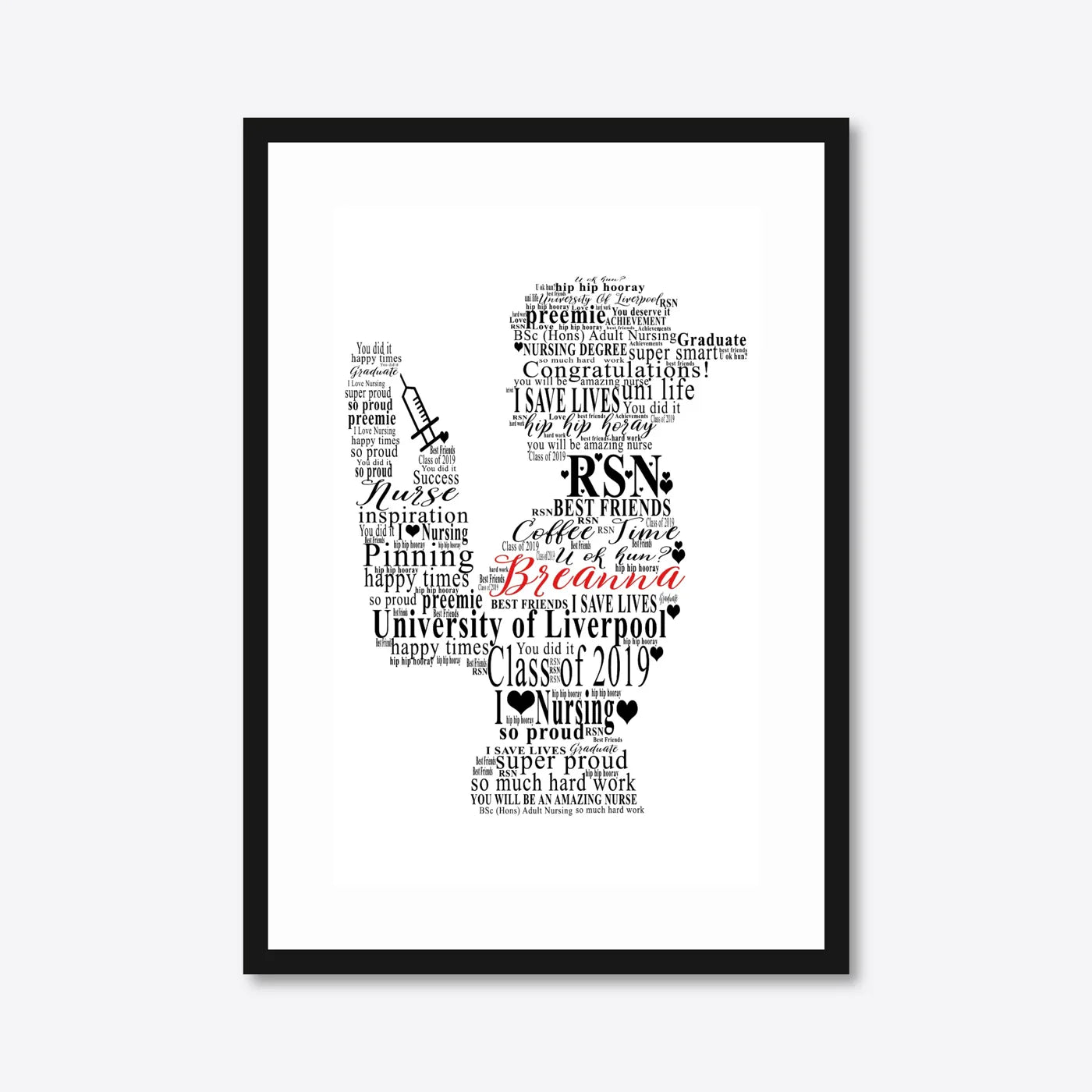 Personalised Nursing Graduation Word Art – Nurse Cap – A3 – black frame