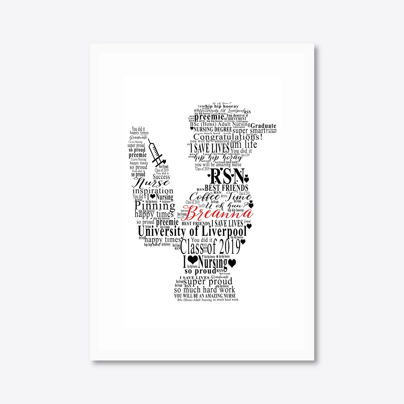 Personalised Nursing Graduation Word Art – Nurse Cap – A3 – white frame