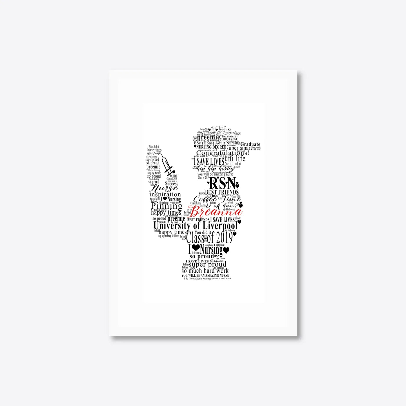 Personalised Nursing Graduation Word Art – Nurse Cap – A4 – white frame