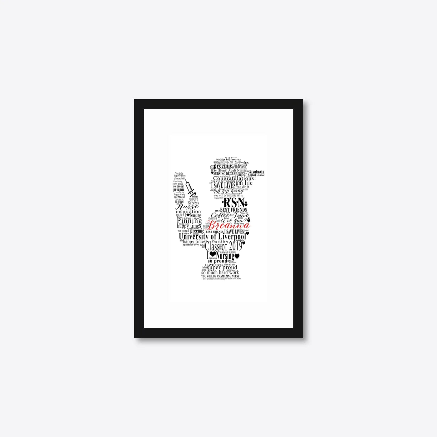 Personalised Nursing Graduation Word Art – Nurse Cap – A5 – black frame