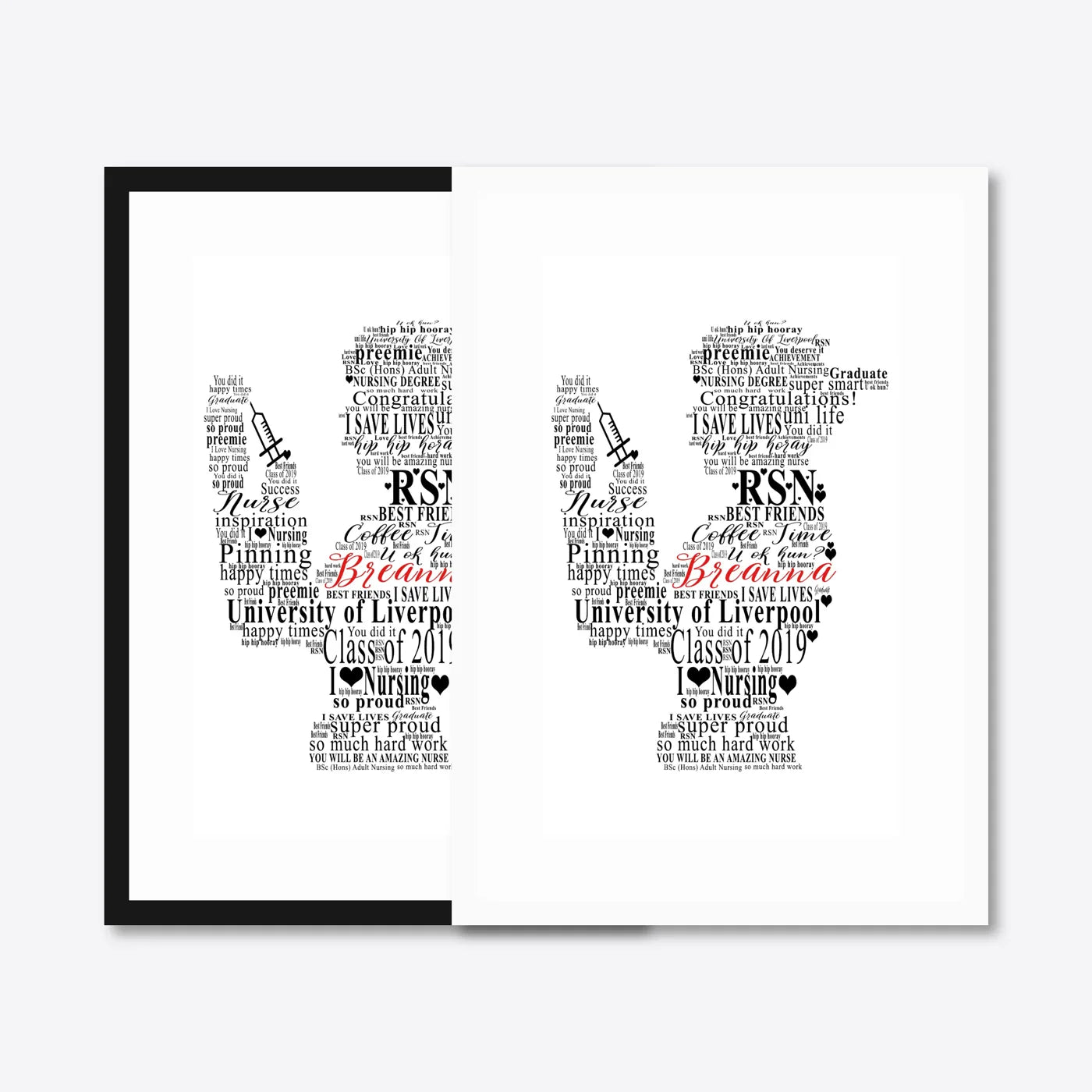 Personalised Nursing Graduation Word Art – Nurse Cap – black & white frames side-by-side