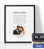 Personalised wedding vows photo frame with couple picture, custom wedding and anniversary wall art gift