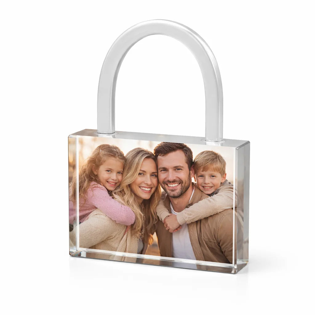 Personalised crystal padlock with family photo, custom photo keepsake gift, unique personalised gift for family and loved ones