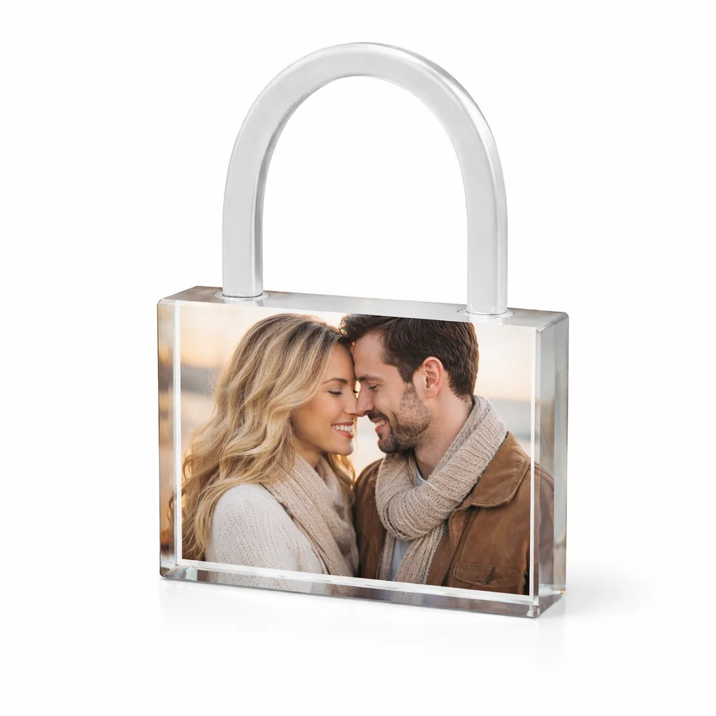 Personalised crystal photo padlock gift with couple image, custom keepsake for anniversaries, Valentine’s Day and romantic personalised gifts UK